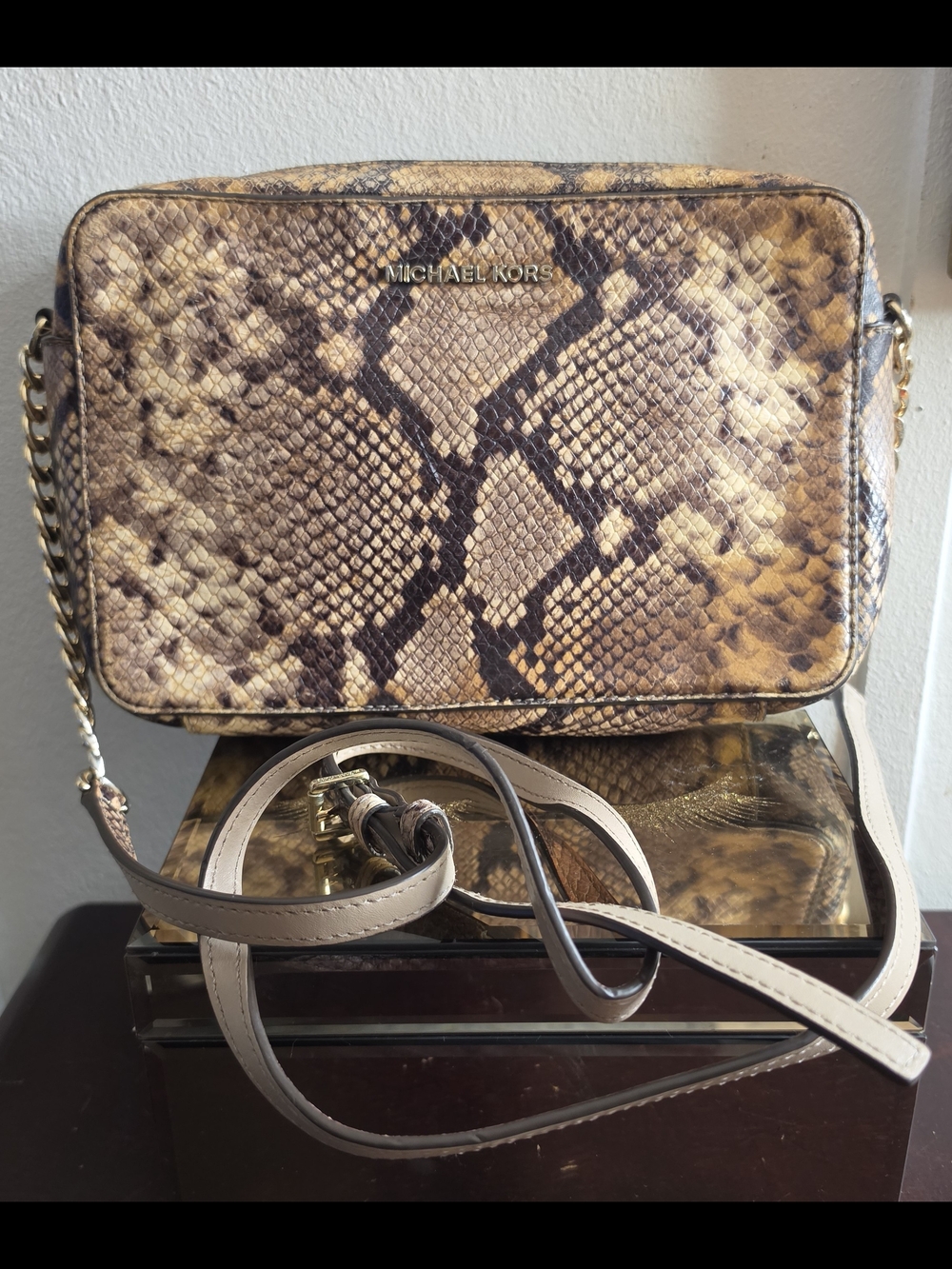 Michael Kors Tan Snake-Print Crossbody Bag